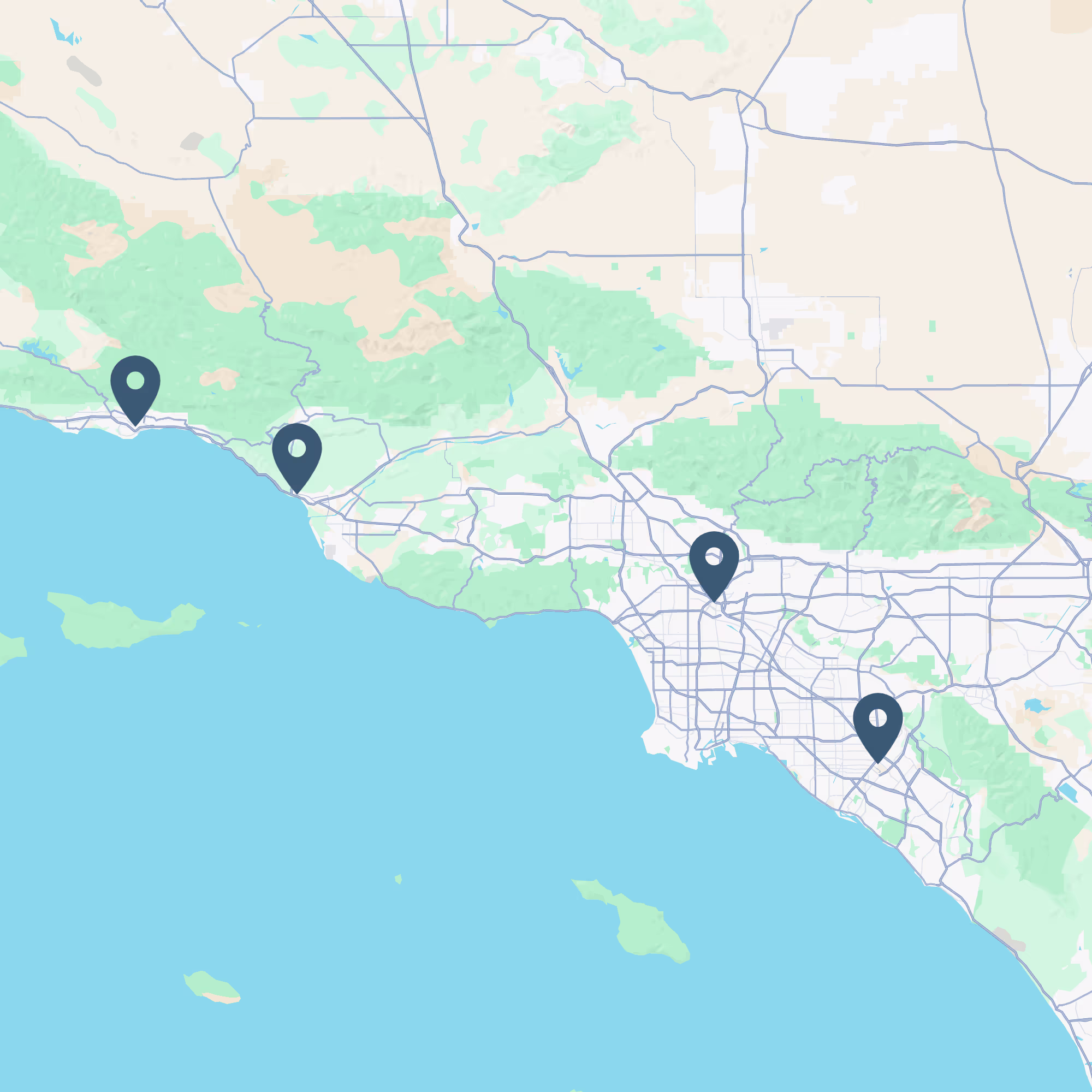 Southern California service areas map showing Los Angeles, Orange, Ventura, and Santa Barbara counties