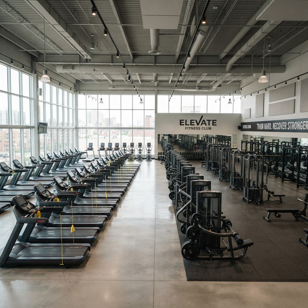 Modern commercial fitness center with rows of cardio and strength equipment