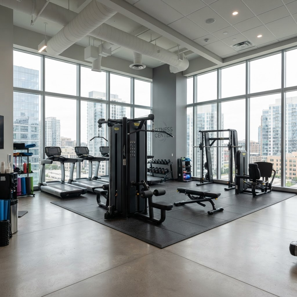 Sleek corporate office fitness center inside a modern glass building