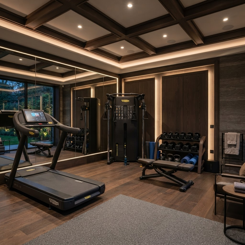 Luxury private home gym with premium fitness equipment and mirror wall