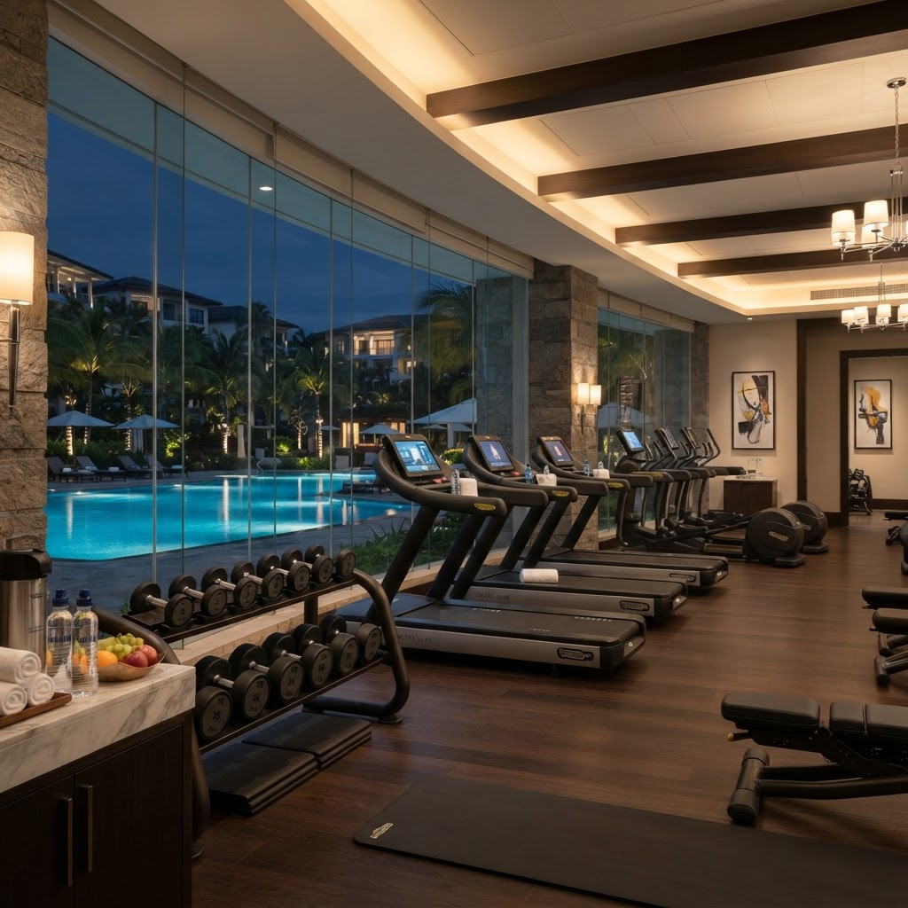 Upscale hotel fitness room with premium equipment and pool view