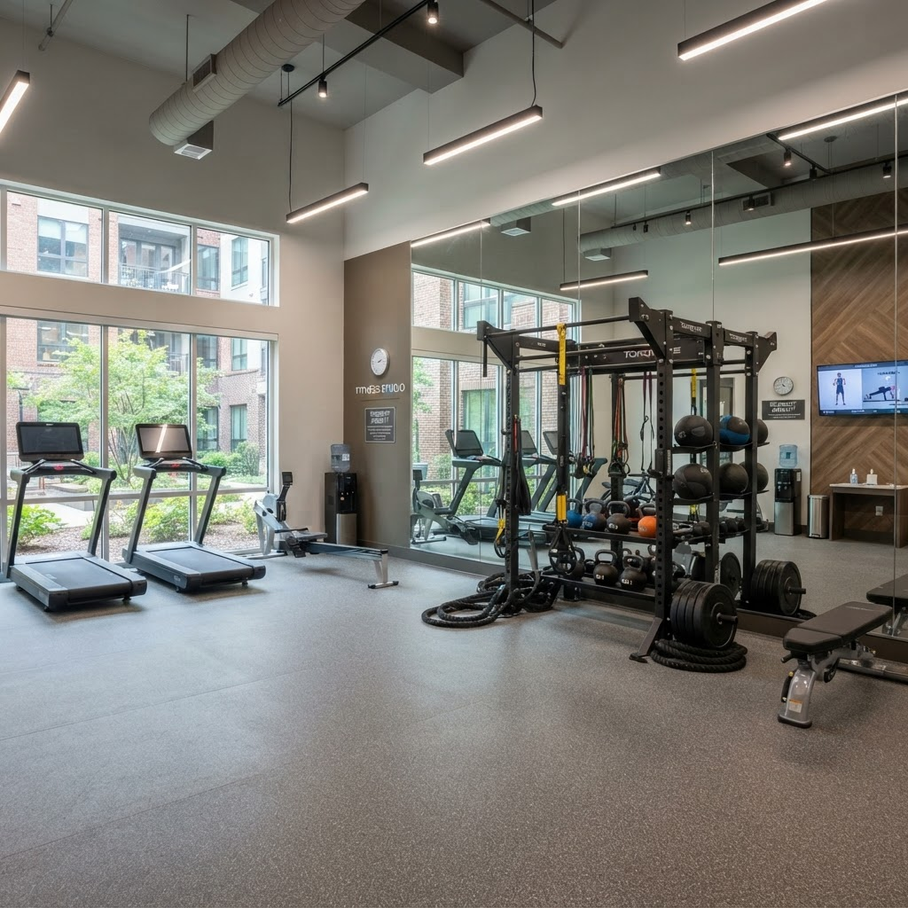Modern apartment community amenity gym with cardio and strength equipment