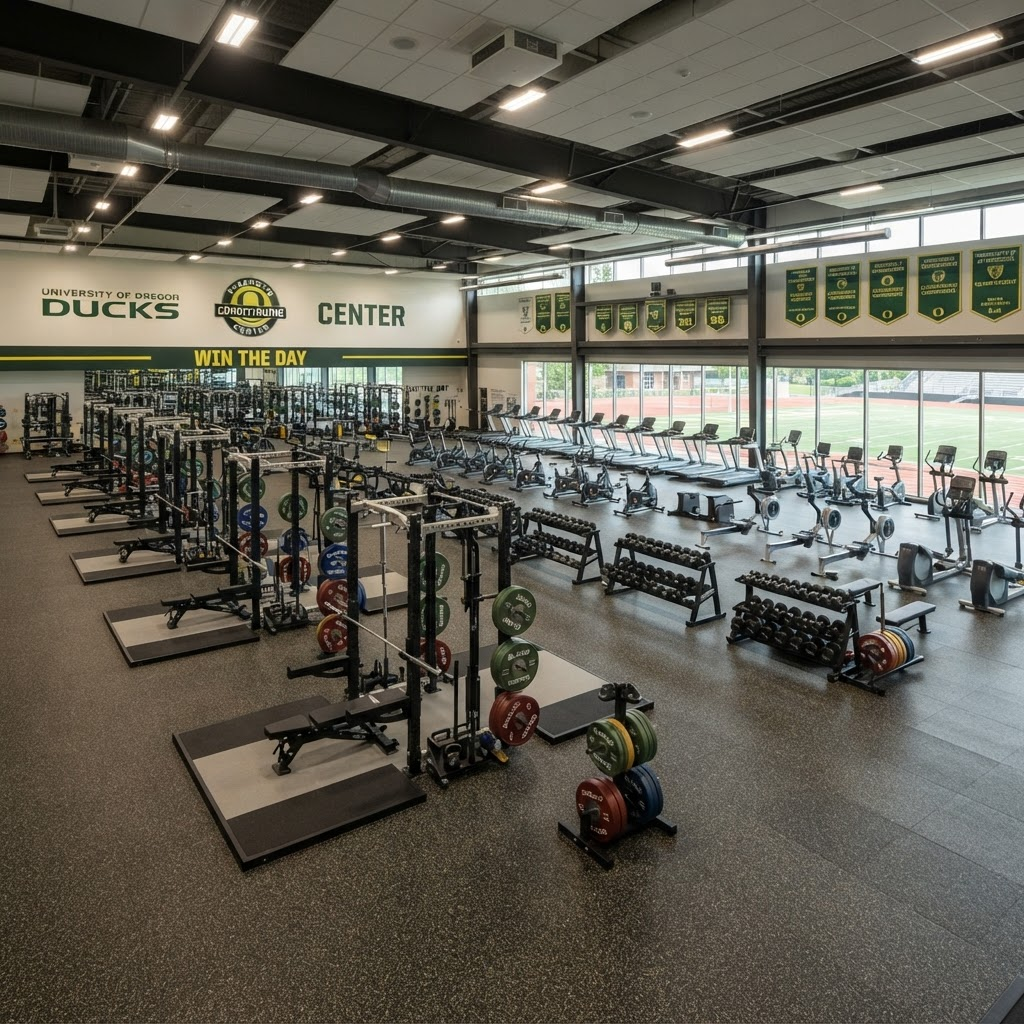 University athletic weight room with squat racks and training equipment